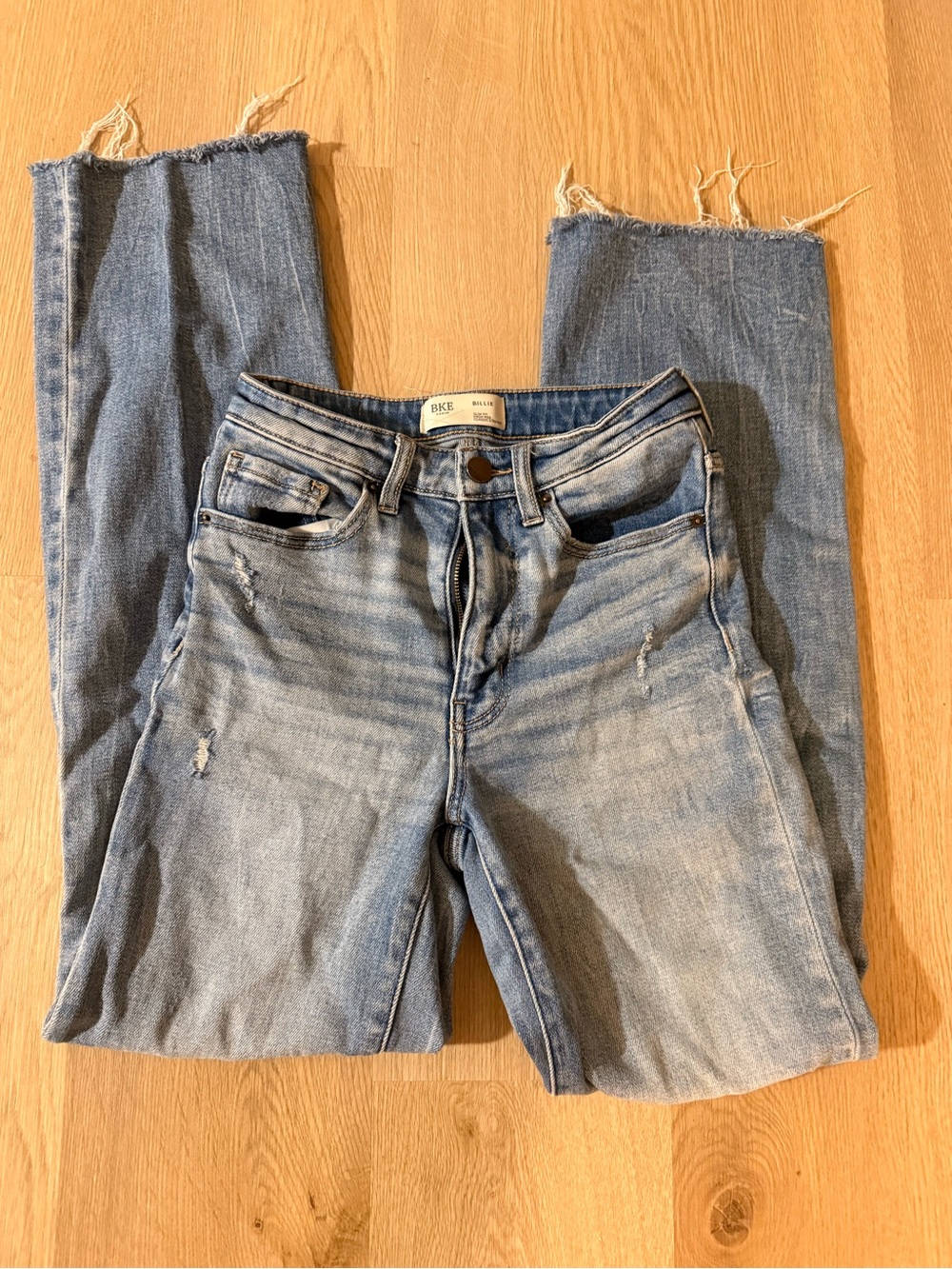BKE Women's Straight Leg Jeans - Light Blue Distressed